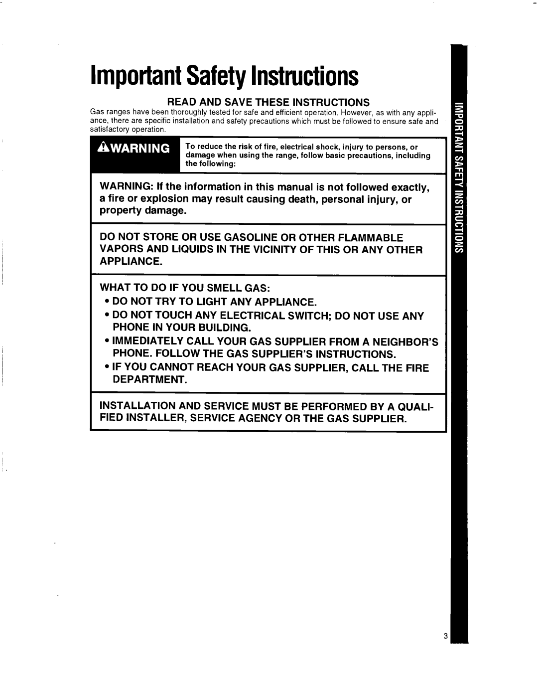 Whirlpool SF514OEY manual ImportantSafetyInstructions 