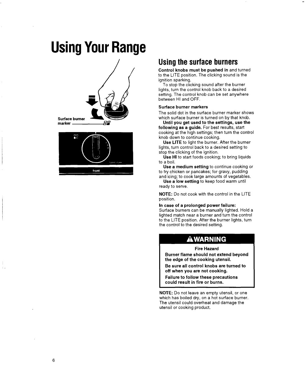 Whirlpool SF514OEY manual UsingYourRange, Using the surface burners 