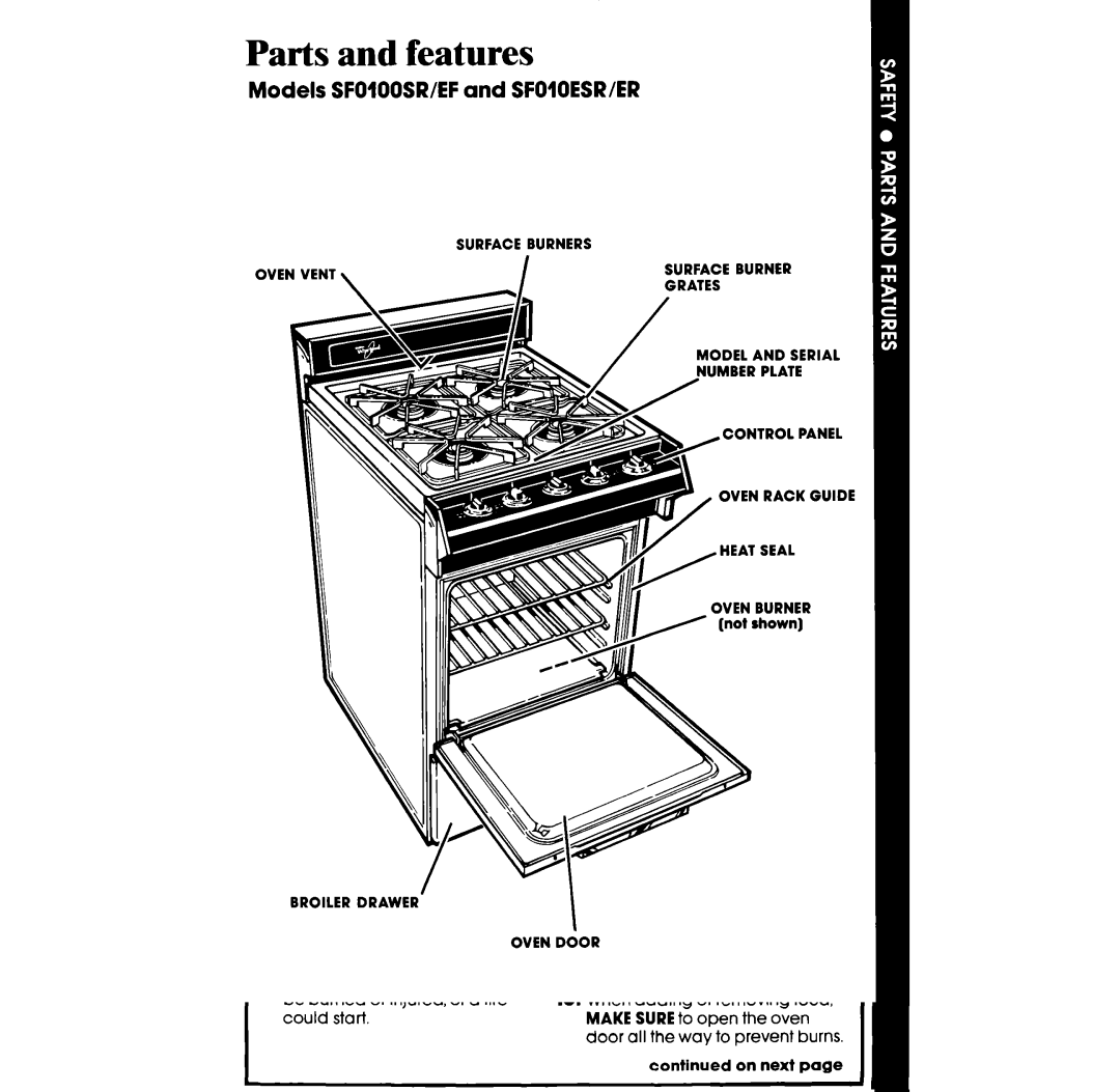 Whirlpool SFOlOESR/ER manual Parts and features, Models SFOlOOSR/EF and Sfoioesrier 