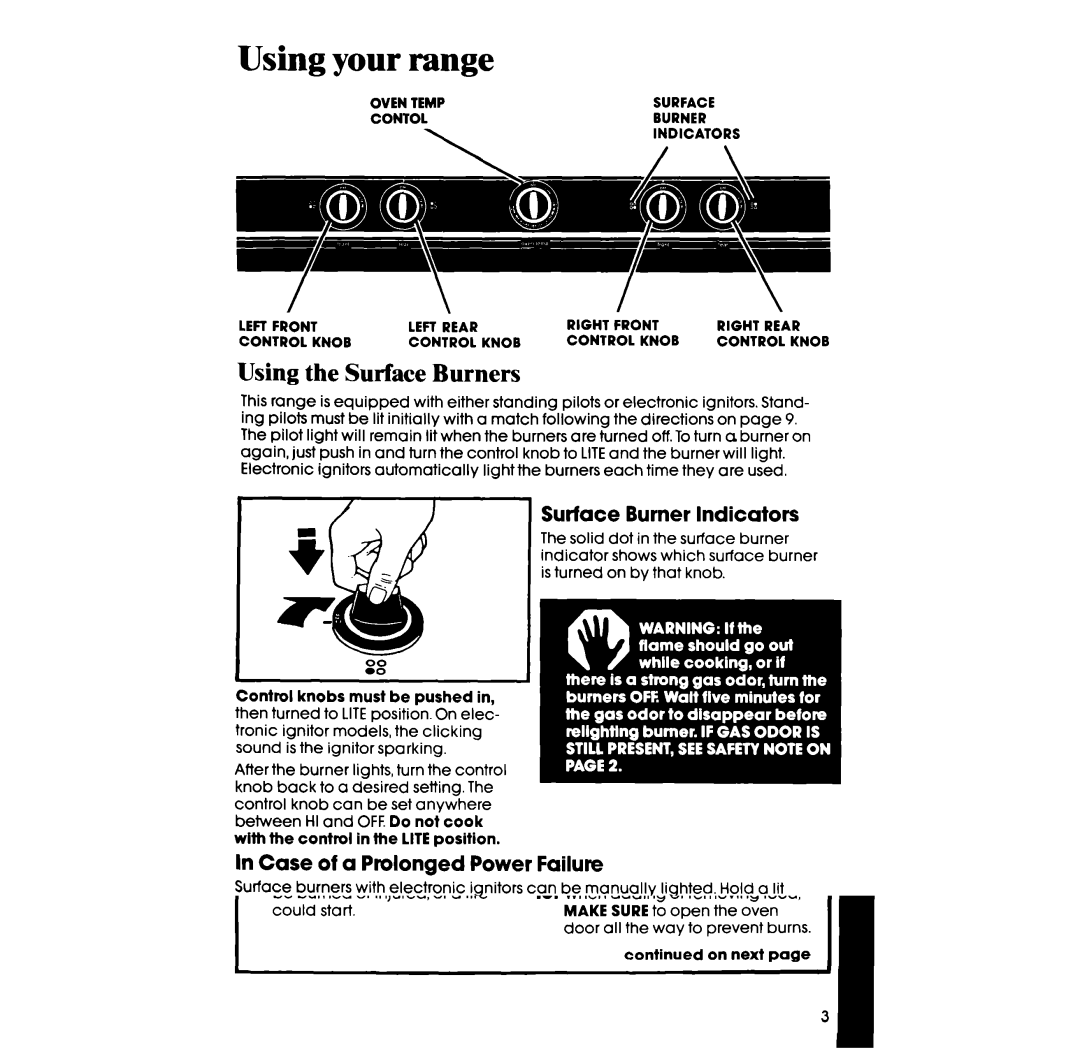 Whirlpool SFOlOESR/ER manual Using your range, Using the Surface Burners, Case of a Prolonged Power Failure 