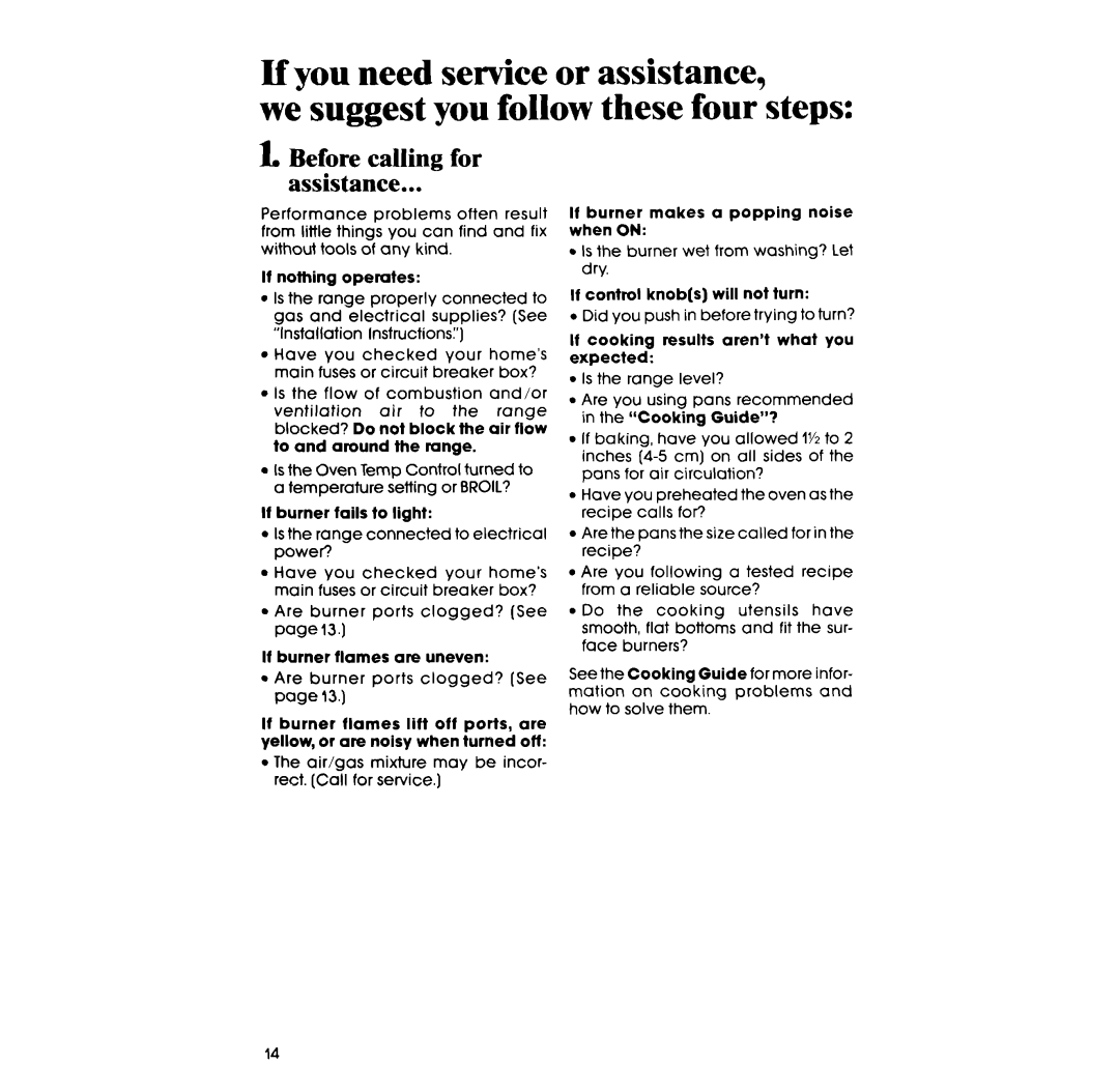 Whirlpool SFOlOESR/ER manual If you need service or assistance, Before, we suggest you follow these four steps, calling 