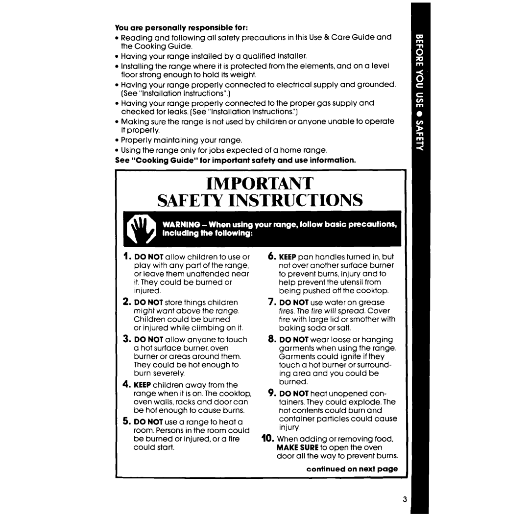 Whirlpool SFOlOESR/ER manual Safety Instructions 