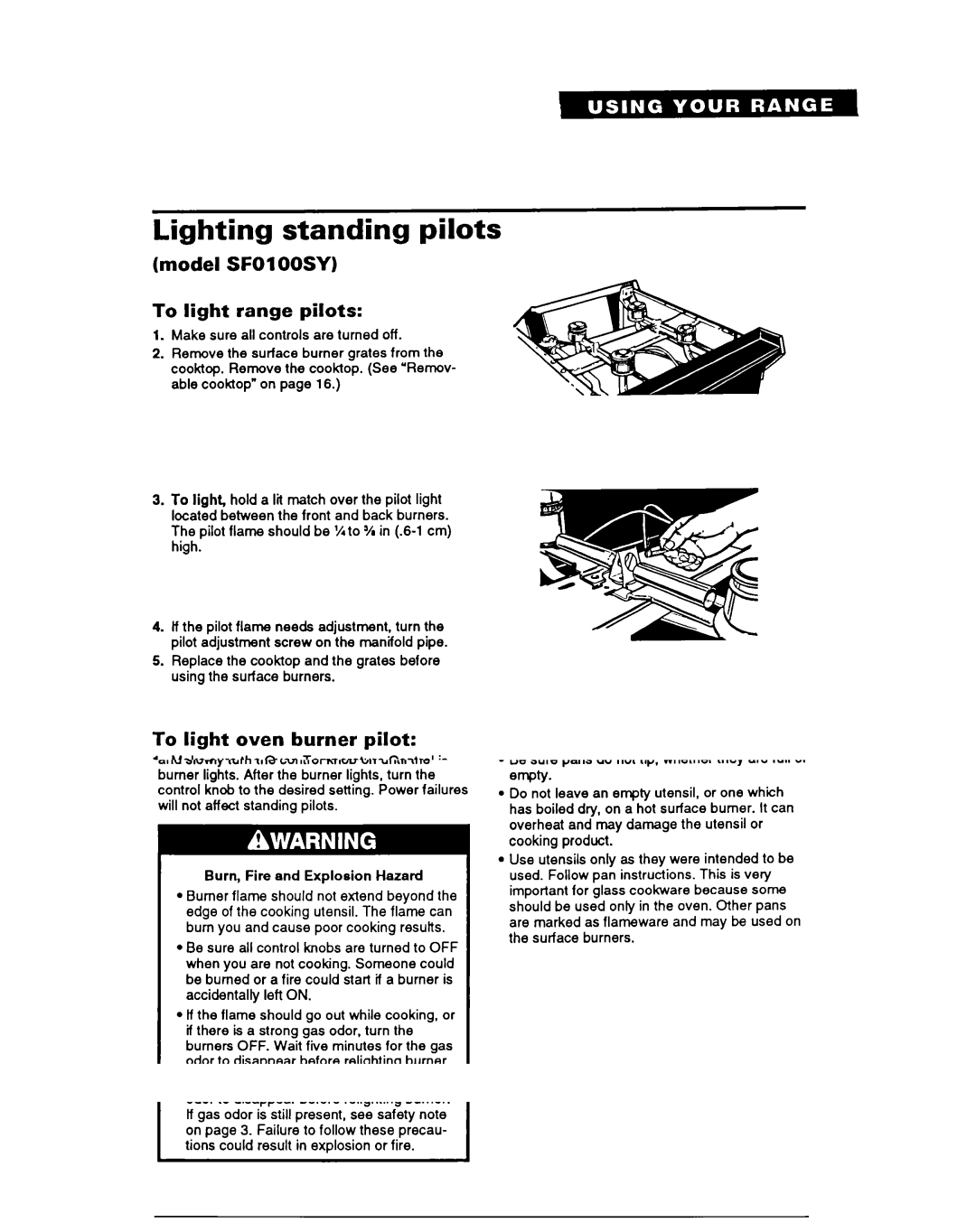 Whirlpool SFOlOOSY/EY warranty Lighting standing pilots, Model SFOlOOSY To light range pilots, To light oven burner pilot 