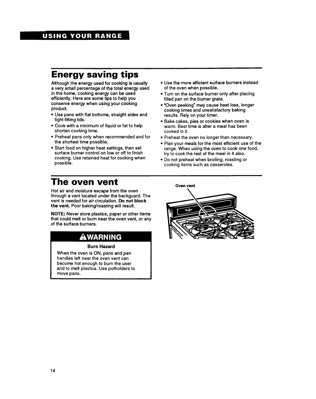 Whirlpool SFOlOOSY/EY warranty Energy saving tips, Oven vent, Burn Hazard 