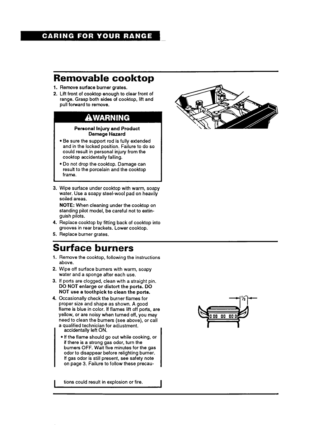 Whirlpool SFOlOOSY/EY warranty Removable cooktop, Surface burners, ’/p-I, Personal Injury and Product Damage Hazard 