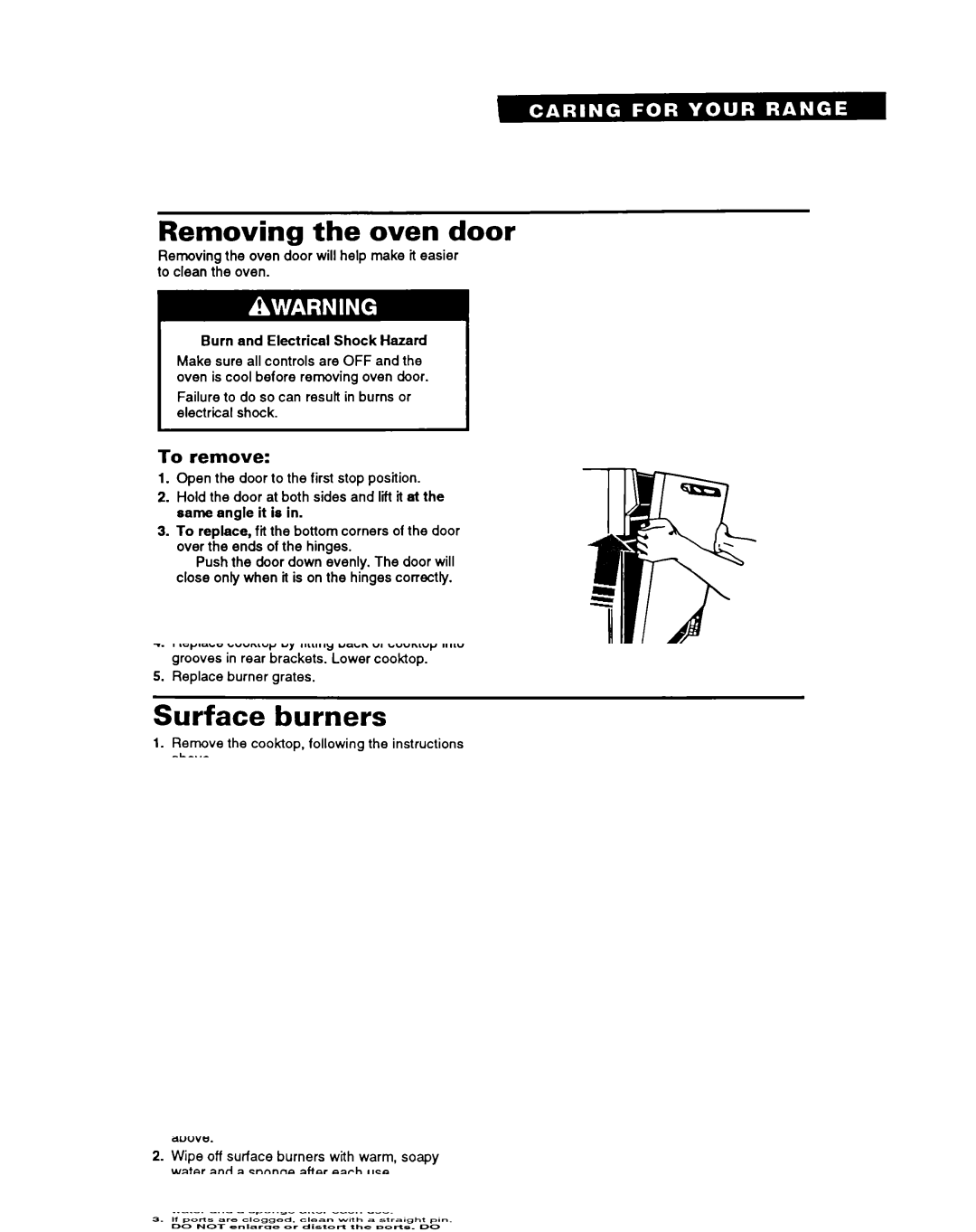 Whirlpool SFOlOOSY/EY warranty Removing the oven door, To remove, Burn and Electrical Shock Hazard 