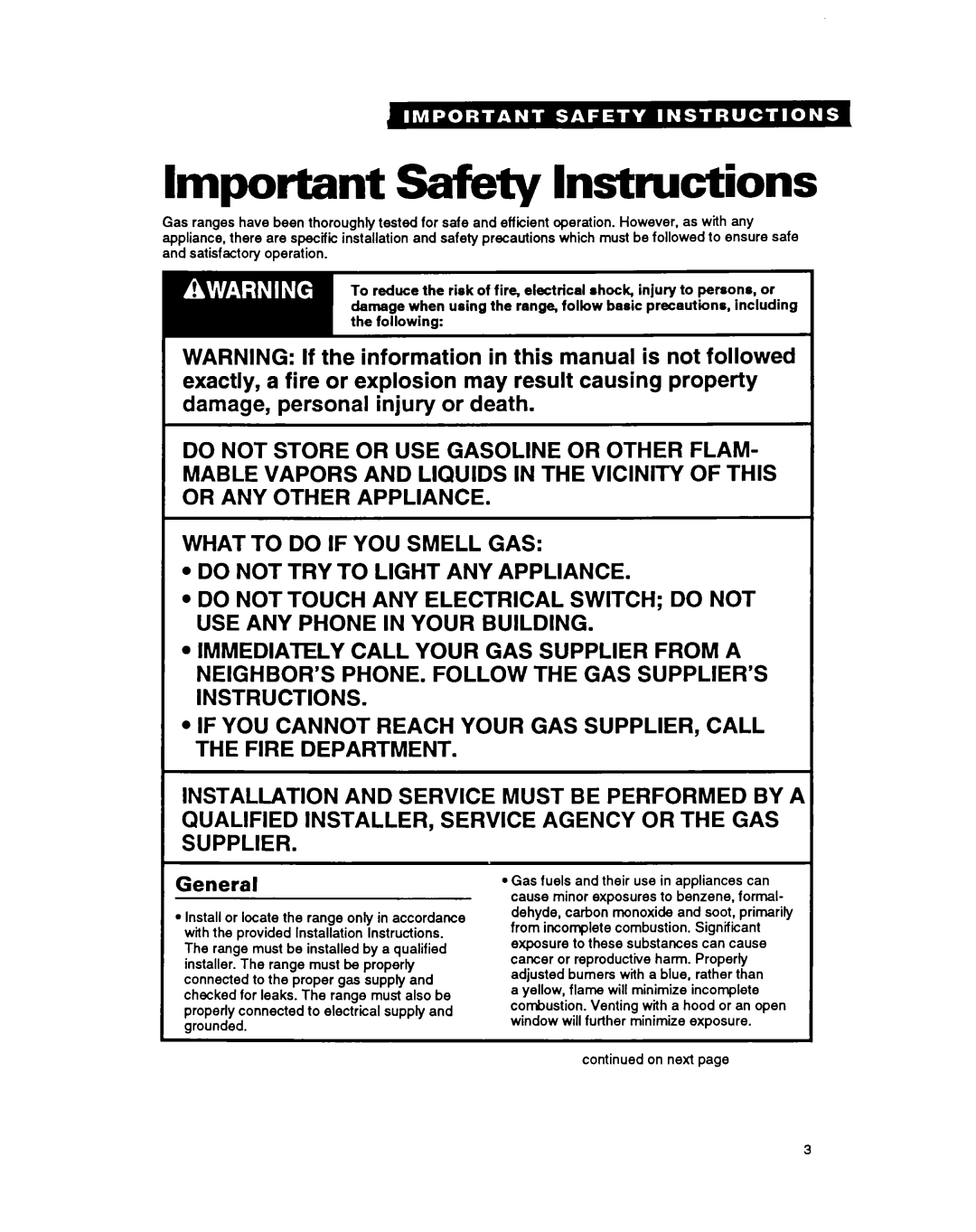 Whirlpool SFOlOOSY/EY warranty Important Safety Instructions, On next 