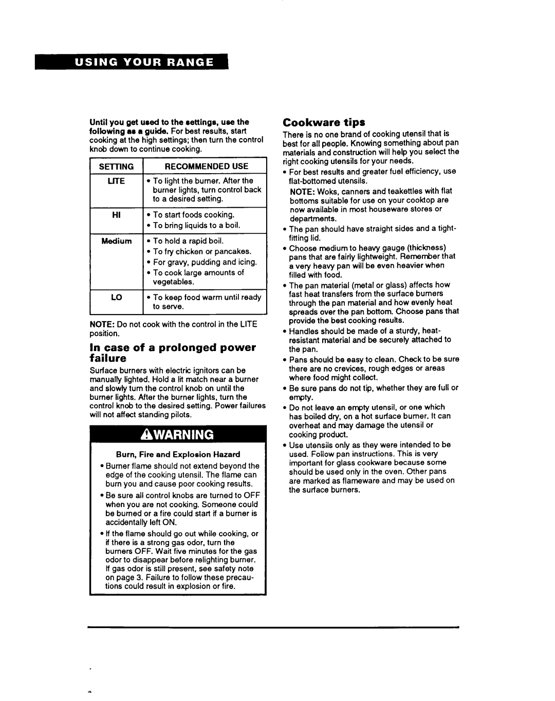 Whirlpool SFOlOOSY/EY warranty Case of a prolonged power failure, Cookware tips, SElllNGRECOMMENDED USE 