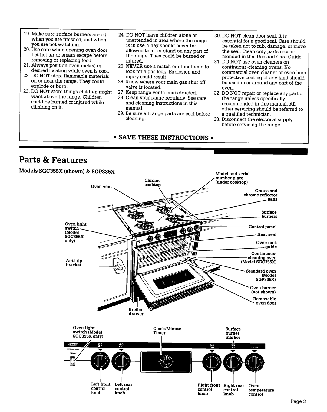 Whirlpool warranty Parts & Features, Save These Instructions n, Models SGC355X shown & SGP335X 