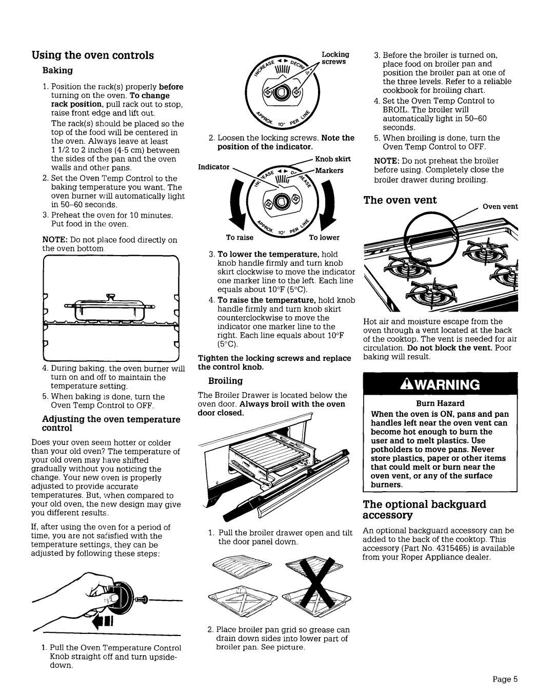 Whirlpool SGC355X, SGP335X warranty Using the oven controls, Oven vent, Optional backguard accessory 