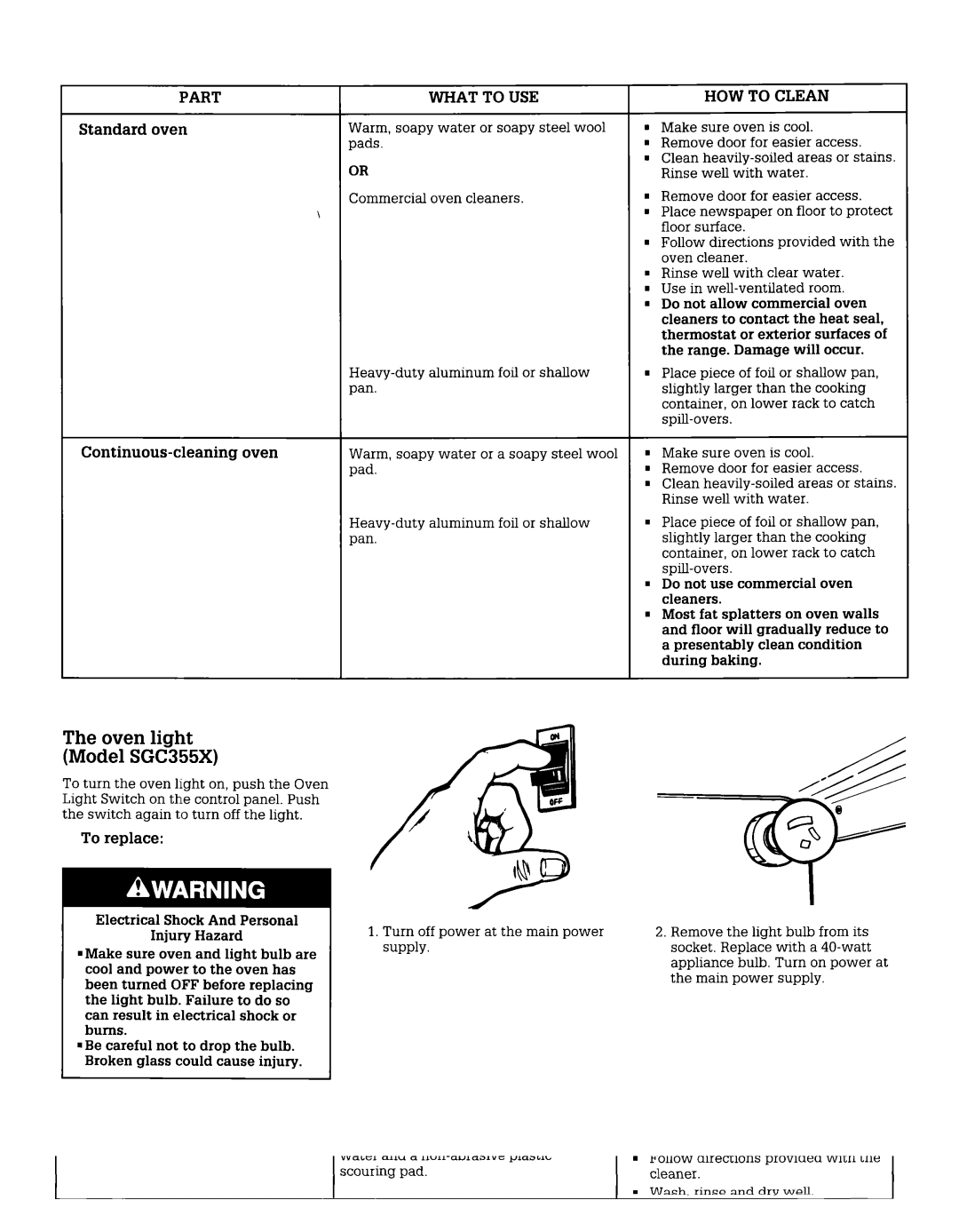 Whirlpool SGC355X, SGP335X warranty Part, Standard oven, HOW to Clean, Continuous-cleaning oven, To replace 