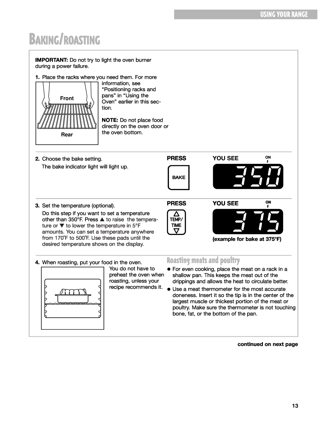 Whirlpool SGS375H warranty Baking/Roasting, Roasting meats and poultry, Using Your Range, Press, You See, Front, Rear 