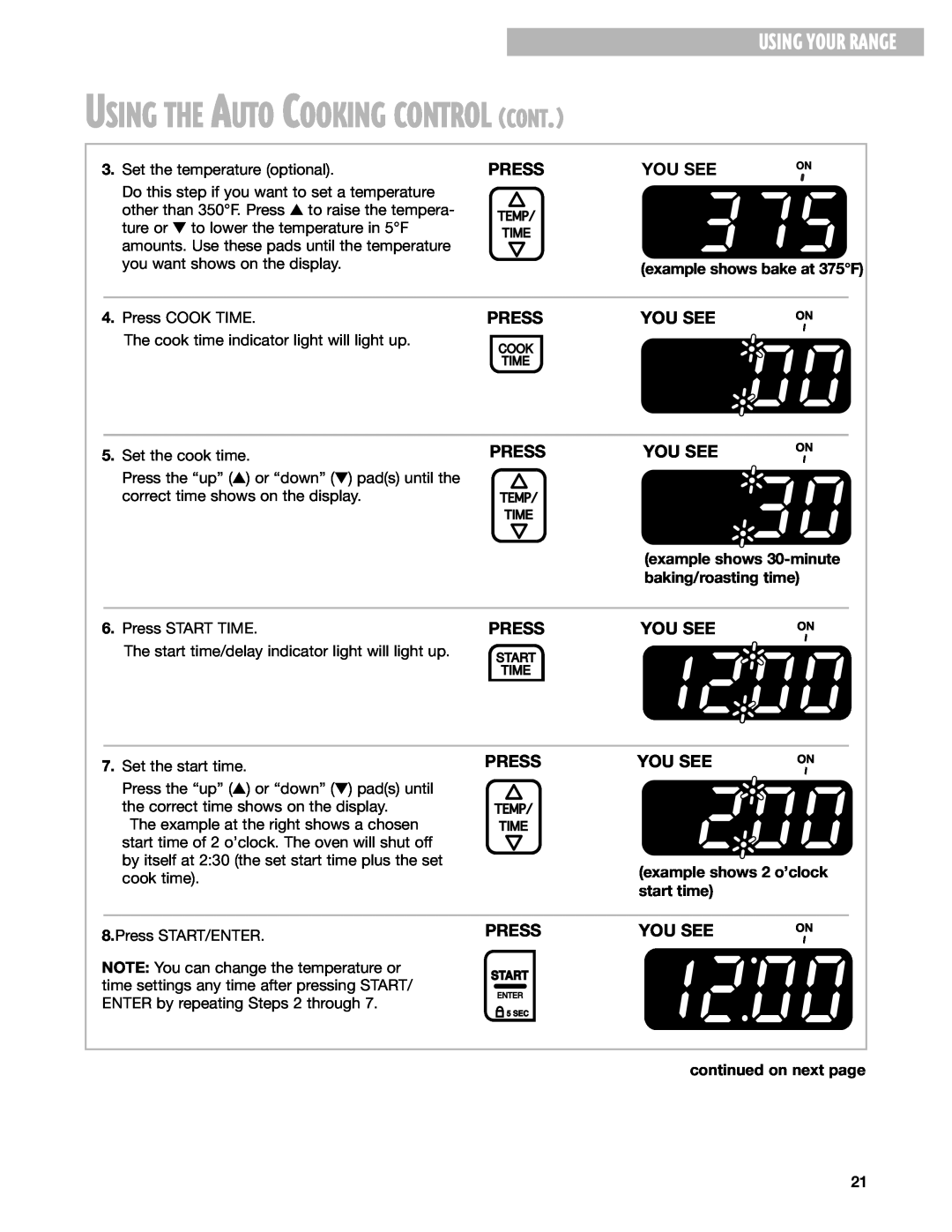 Whirlpool SGS375H Using The Auto Cooking Control Cont, Using Your Range, Press, You See, example shows bake at 375F 