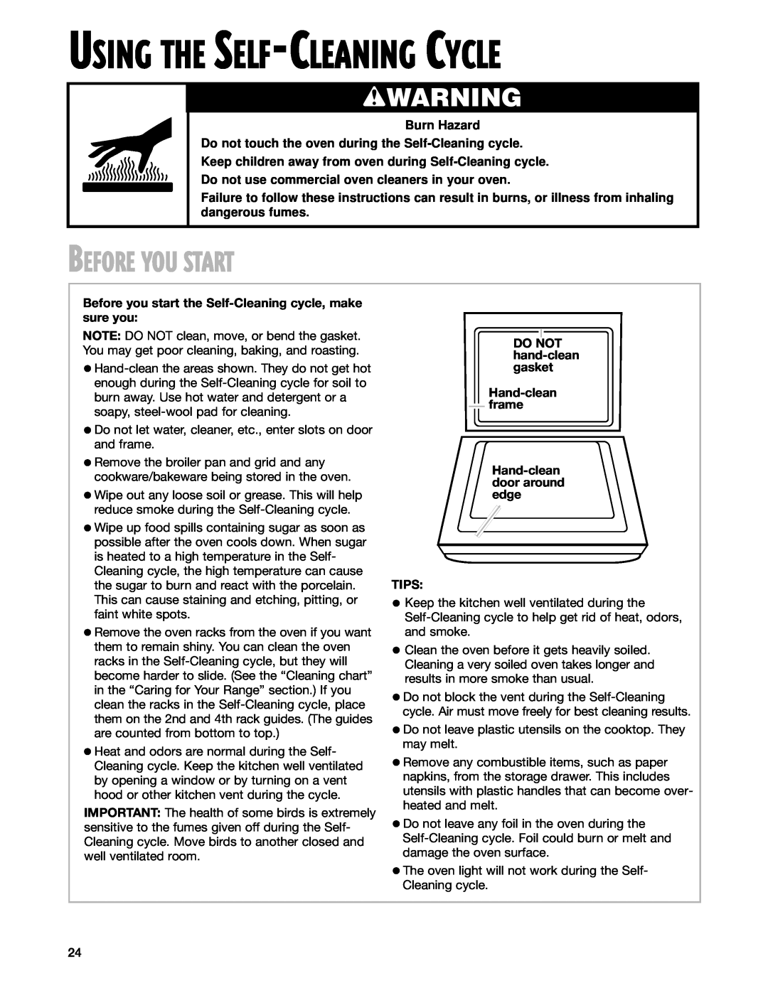 Whirlpool SGS375H warranty Before You Start, Using The Self-Cleaning Cycle, wWARNING, Tips 