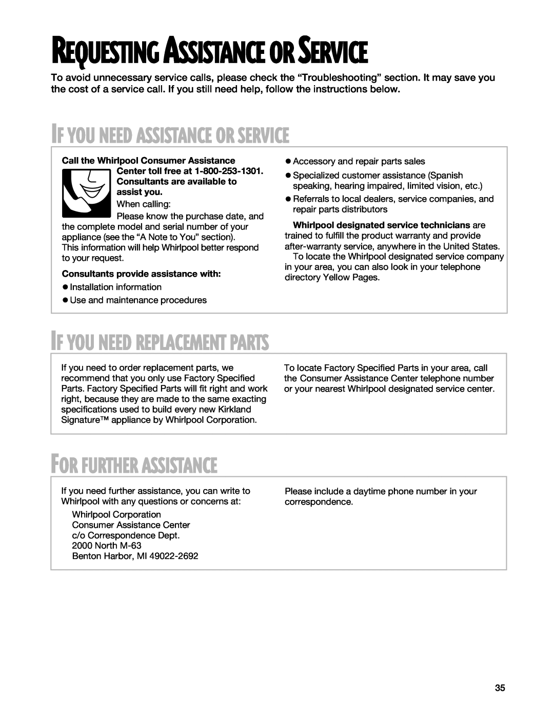 Whirlpool SGS375H warranty If You Need Assistance Or Service, If You Need Replacement Parts, For Further Assistance 