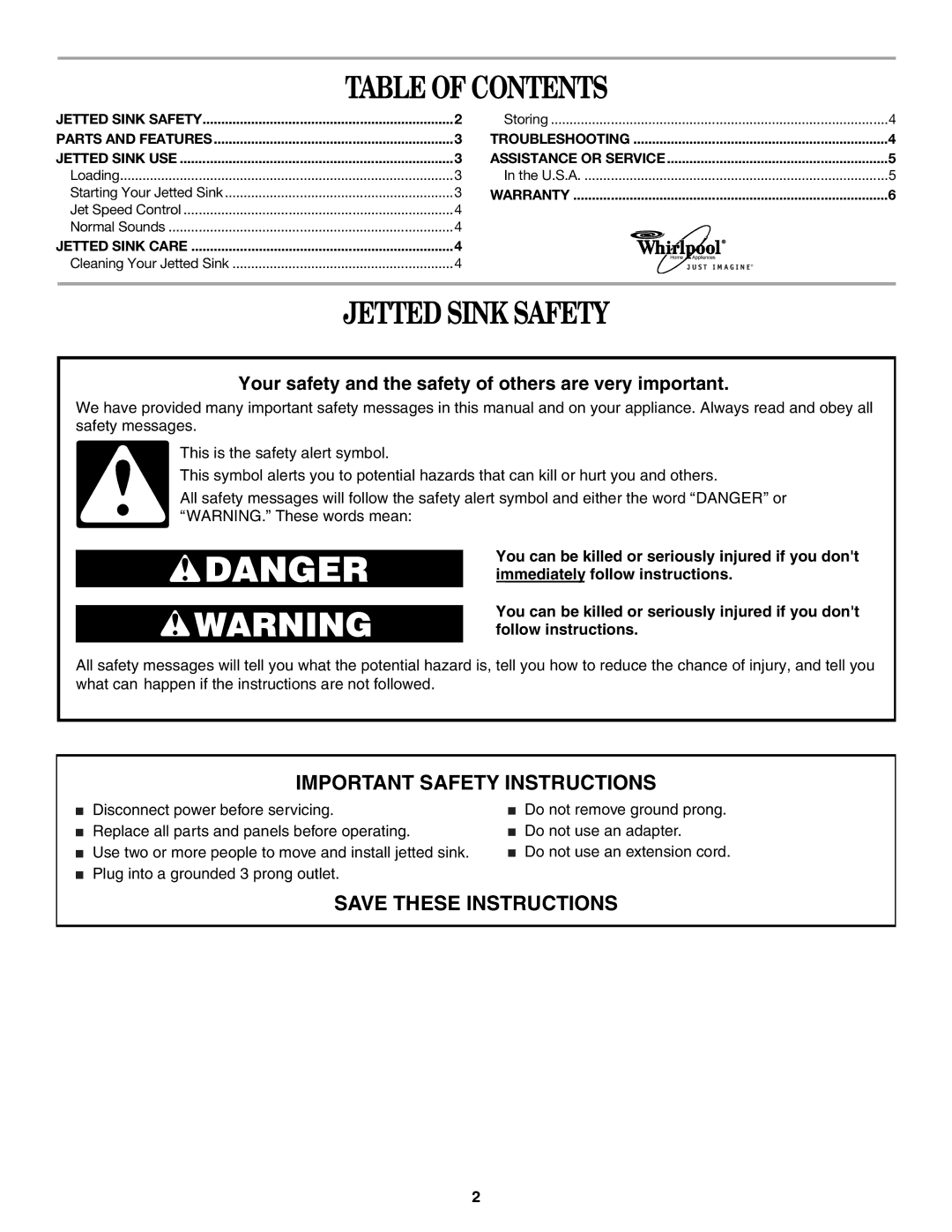 Whirlpool manual Table of Contents, Jetted Sink Safety 