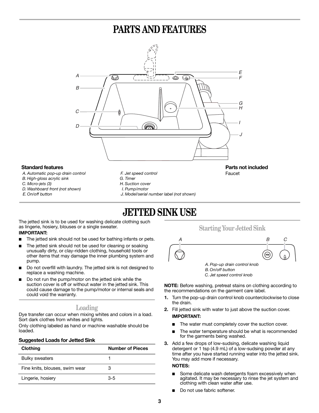 Whirlpool manual Parts and Features, Jetted Sink USE, Loading, StartingYourJettedSink 