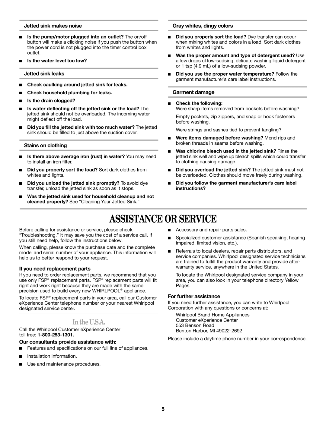 Whirlpool Sink manual Assistance or Service, TheU.S.A 