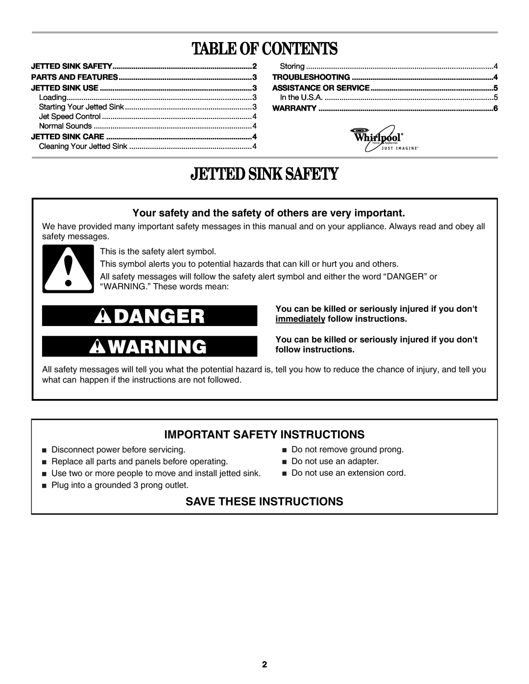 Whirlpool manual Table Of Contents, Jetted Sink Safety, Important Safety Instructions, Save These Instructions 