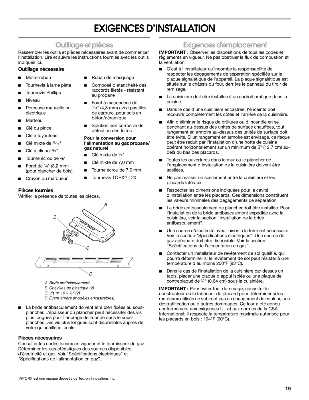 Whirlpool Slide-In Electric Ranges Exigences D’INSTALLATION, Outillage et pièces, Exigences demplacement 