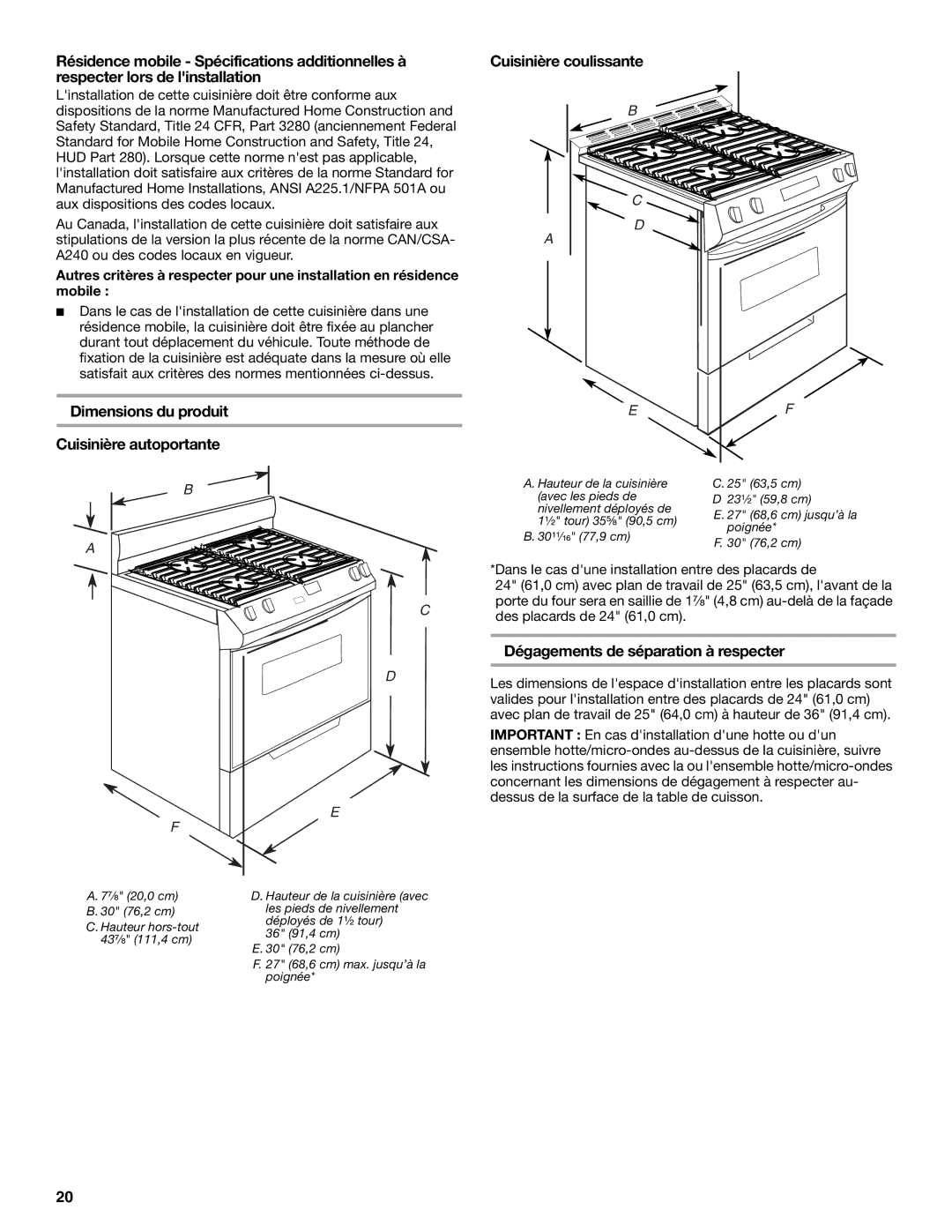 Whirlpool Slide-In Electric Ranges Dimensions du produit Cuisinière autoportante, Cuisinière coulissante 