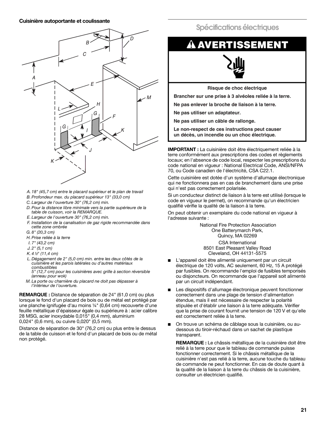 Whirlpool Slide-In Electric Ranges Spécifications électriques, Cuisinière autoportante et coulissante 