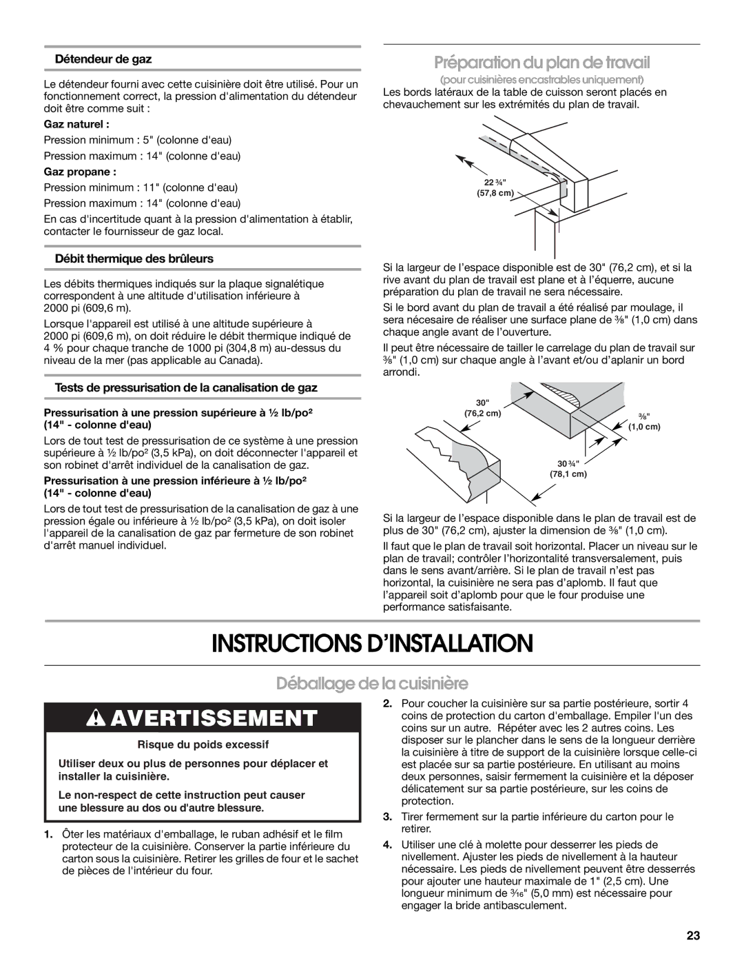 Whirlpool Slide-In Electric Ranges Instructions D’INSTALLATION, Préparation du plan de travail, Déballage de la cuisinière 