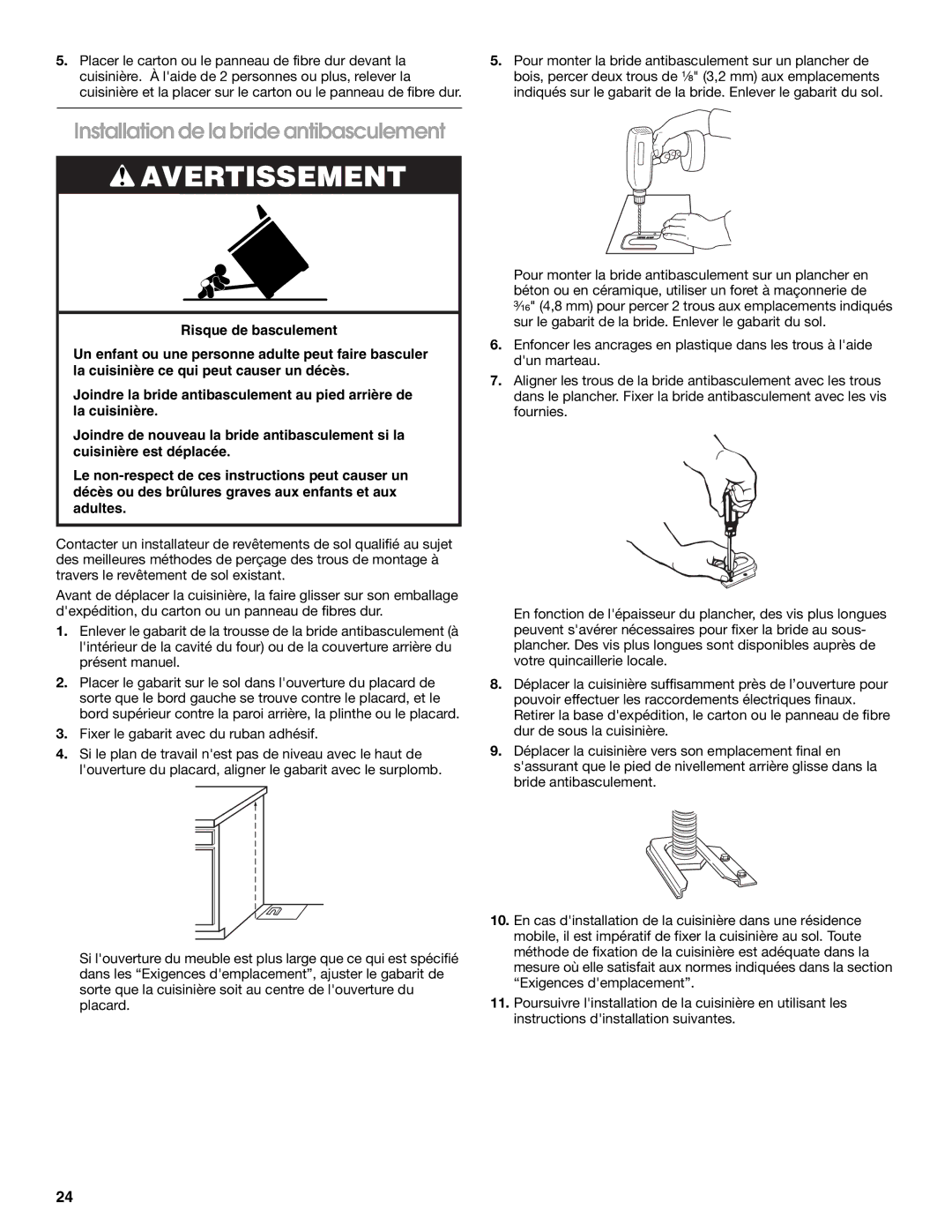 Whirlpool Slide-In Electric Ranges installation instructions Installation de la bride antibasculement 