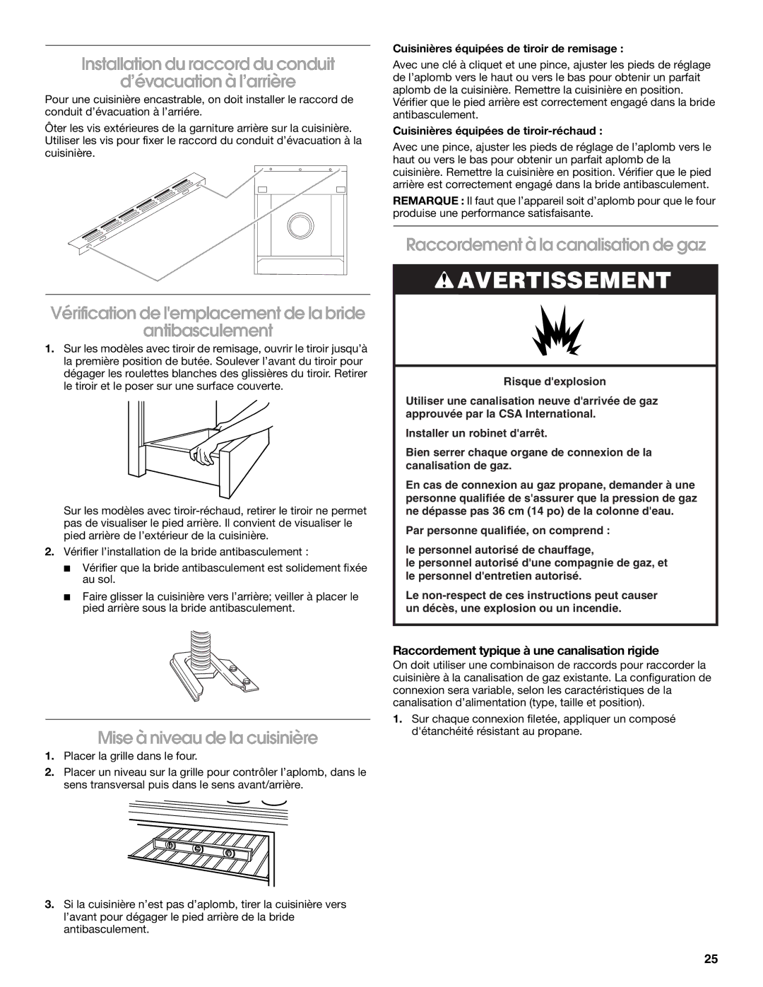 Whirlpool Slide-In Electric Ranges installation instructions Installation du raccord du conduit ’évacuation à l’arrière 