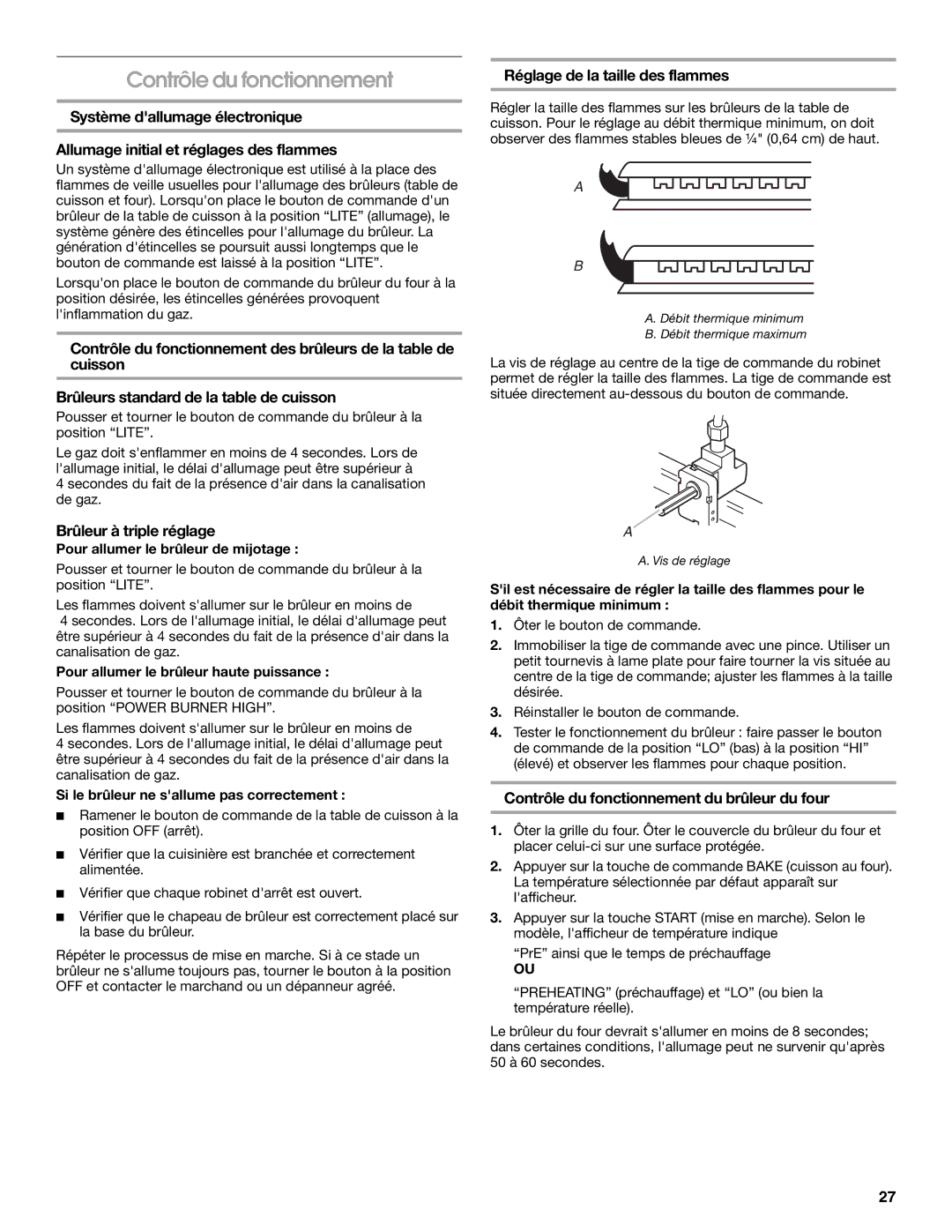 Whirlpool Slide-In Electric Ranges Contrôle du fonctionnement, Brûleur à triple réglage, Réglage de la taille des flammes 