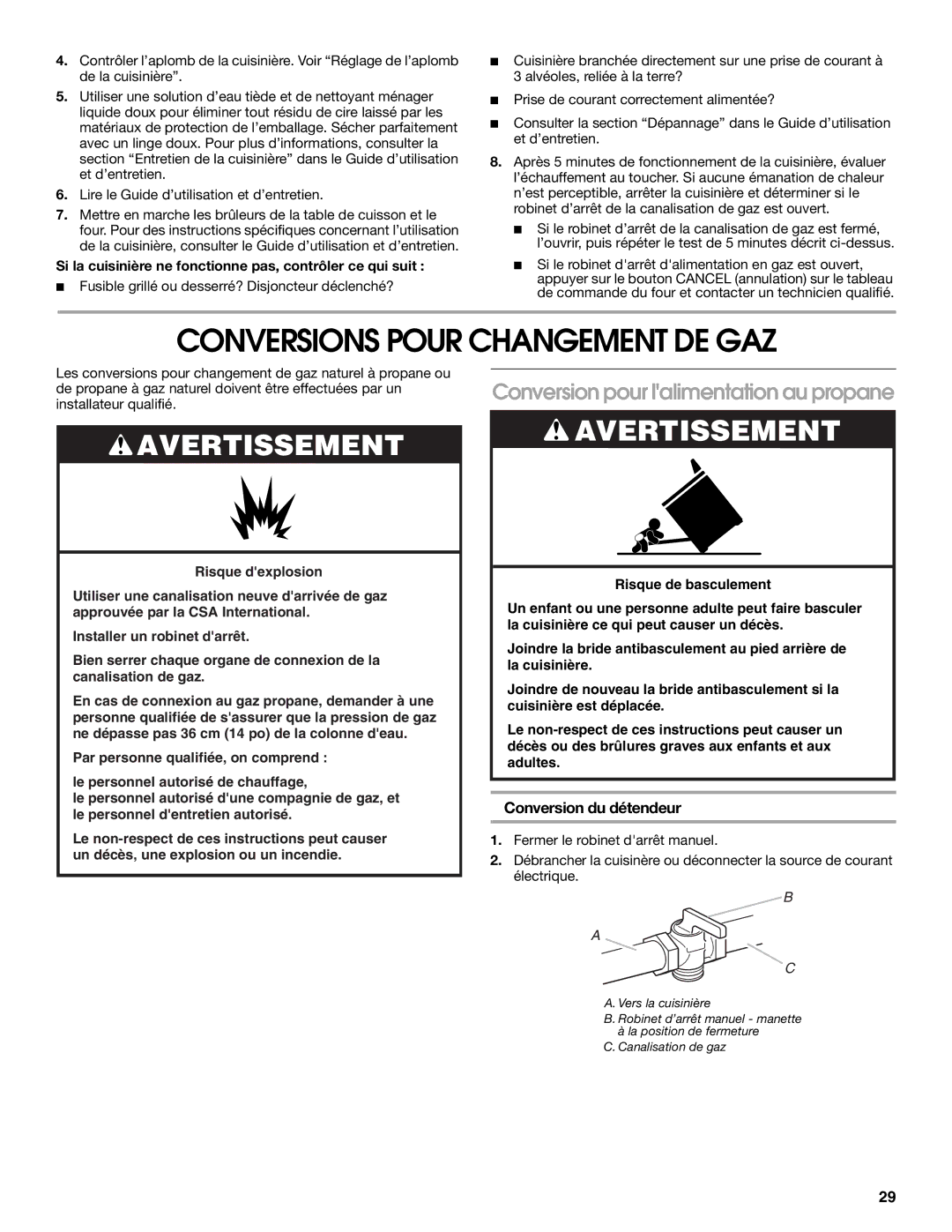 Whirlpool Slide-In Electric Ranges Conversions Pour Changement DE GAZ, Conversion pour lalimentation au propane 