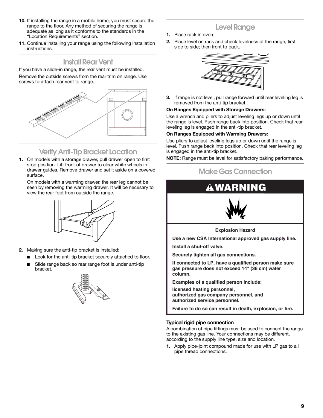 Whirlpool Slide-In Electric Ranges Level Range, Install Rear Vent, Verify Anti-Tip Bracket Location, Make Gas Connection 