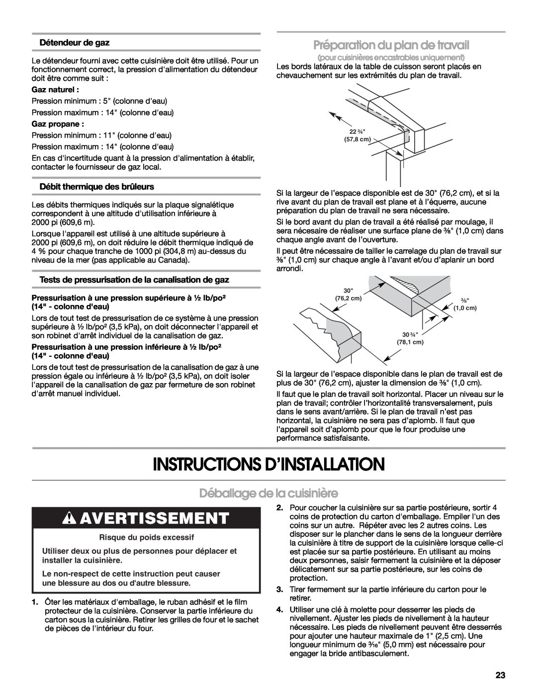 Whirlpool Slide-In Electric Ranges Instructions D’Installation, Préparation du plan de travail, Déballage de la cuisinière 