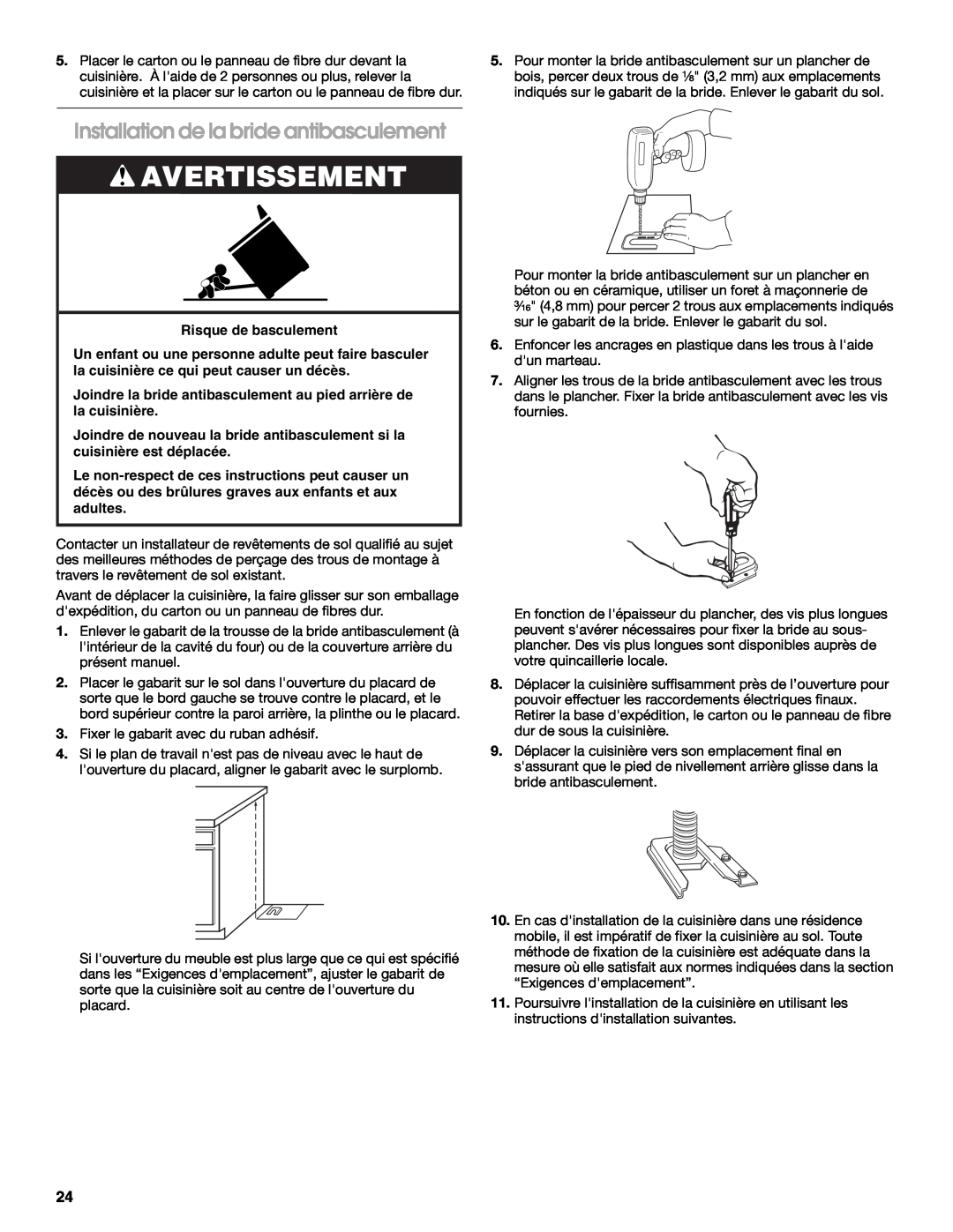 Whirlpool Slide-In Electric Ranges installation instructions Installation de la bride antibasculement, Avertissement 