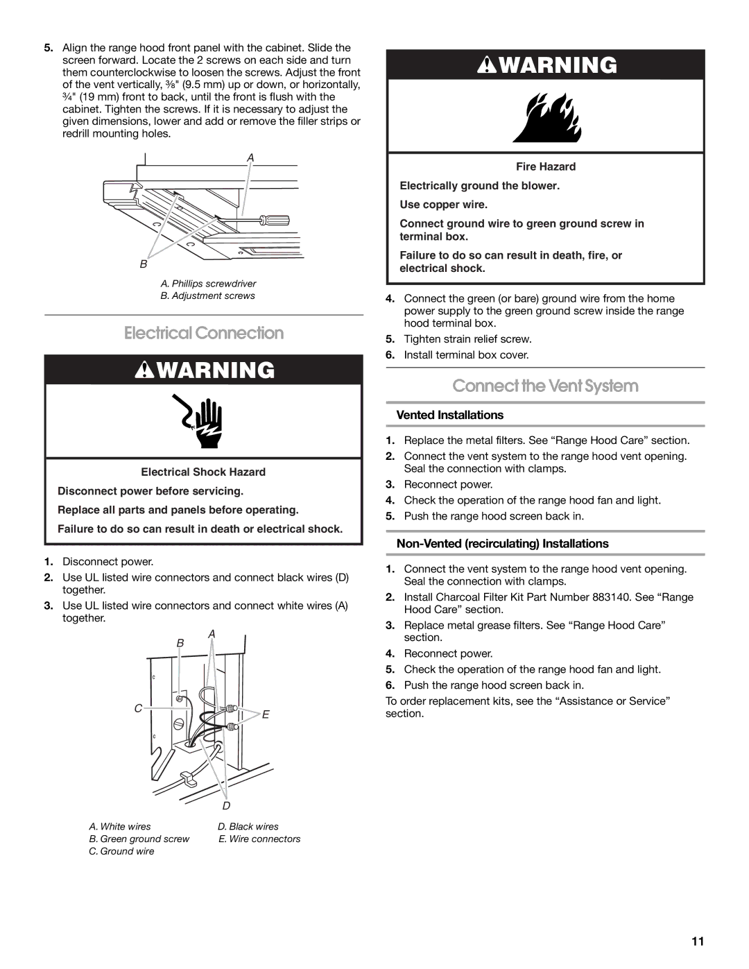 Whirlpool Slide-Out Range Hood Electrical Connection, Connect the Vent System, Vented Installations 