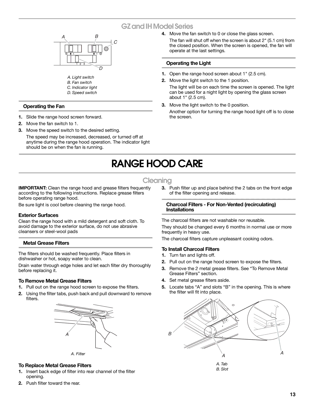 Whirlpool Slide-Out Range Hood installation instructions Range Hood Care, GZ and IH Model Series, Cleaning 