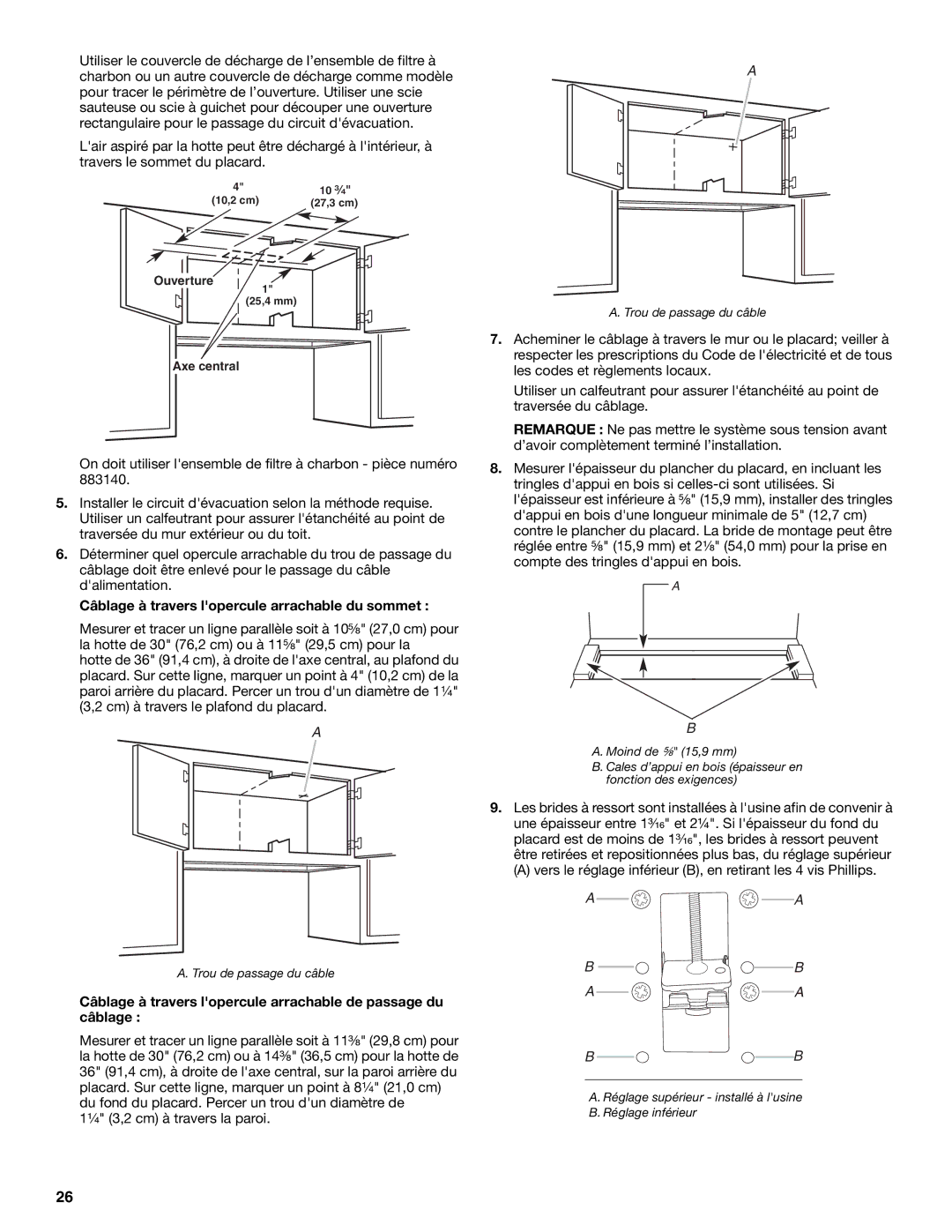 Whirlpool Slide-Out Range Hood installation instructions Câblage à travers lopercule arrachable du sommet 