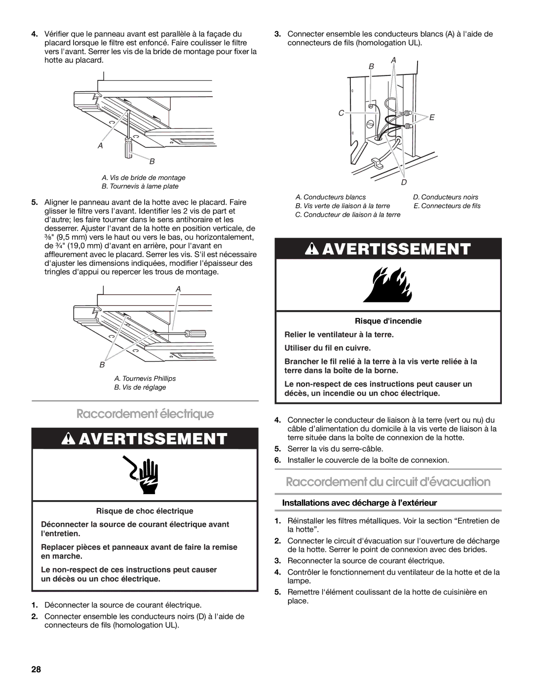 Whirlpool Slide-Out Range Hood installation instructions Raccordement électrique, Raccordement du circuit dévacuation 