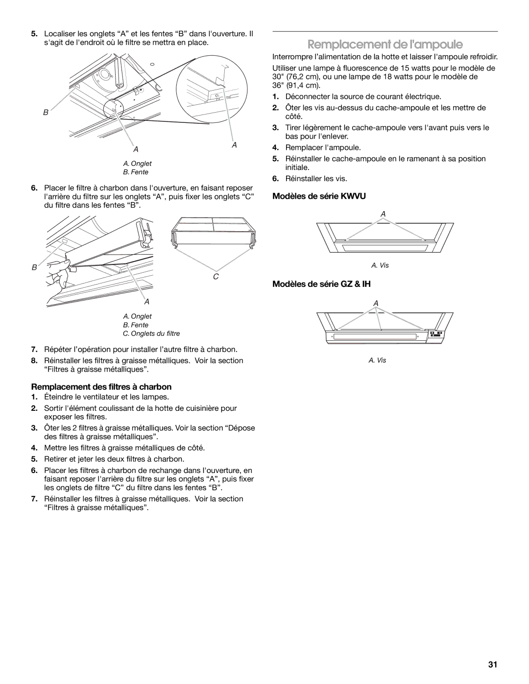 Whirlpool Slide-Out Range Hood Remplacement de lampoule, Remplacement des filtres à charbon, Modèles de série Kwvu 