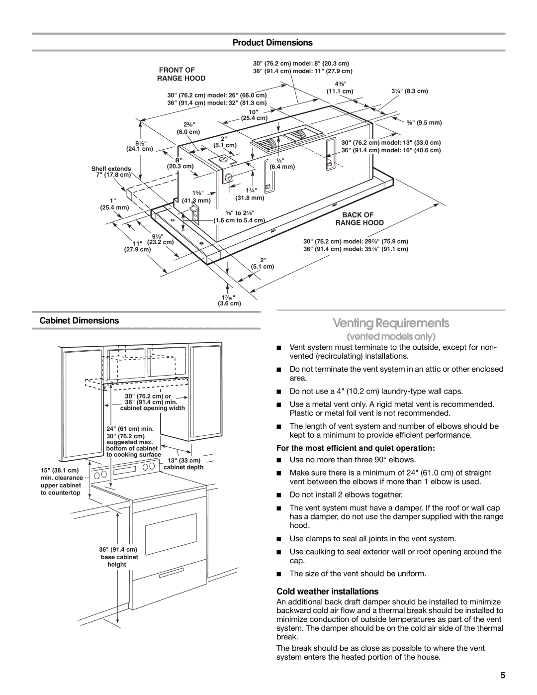 Whirlpool Slide-Out Range Hood installation instructions Product Dimensions, Cabinet Dimensions, Cold weather installations 