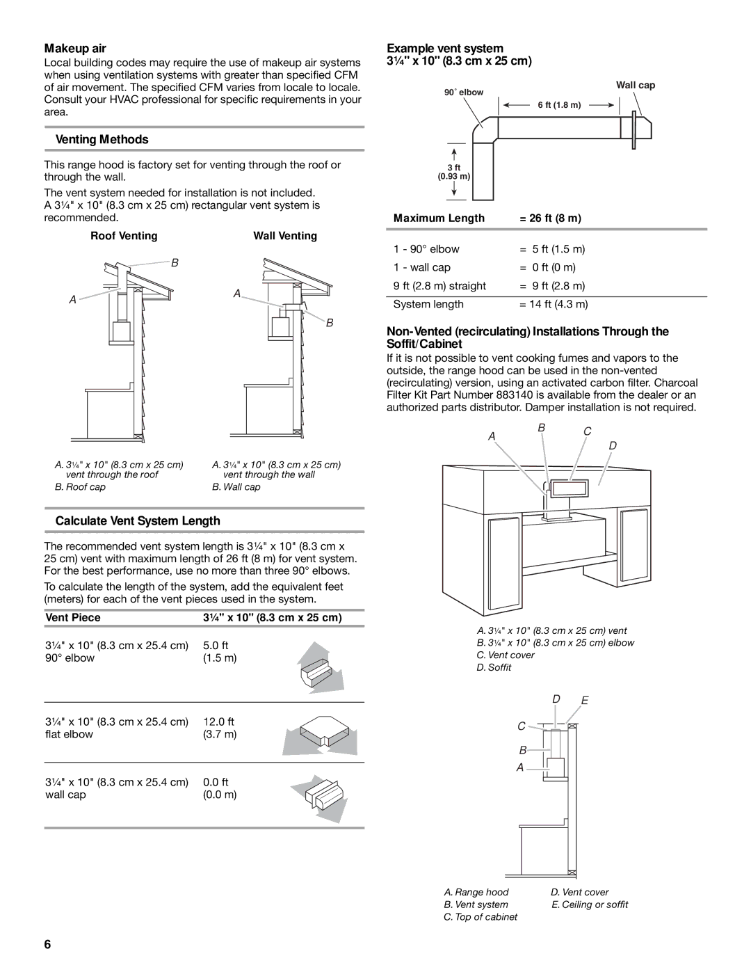 Whirlpool Slide-Out Range Hood Makeup air, Venting Methods, Example vent system ¹⁄₄ x 10 8.3 cm x 25 cm 