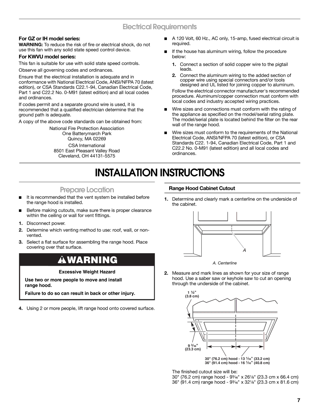 Whirlpool Slide-Out Range Hood Installation Instructions, Electrical Requirements, Prepare Location 