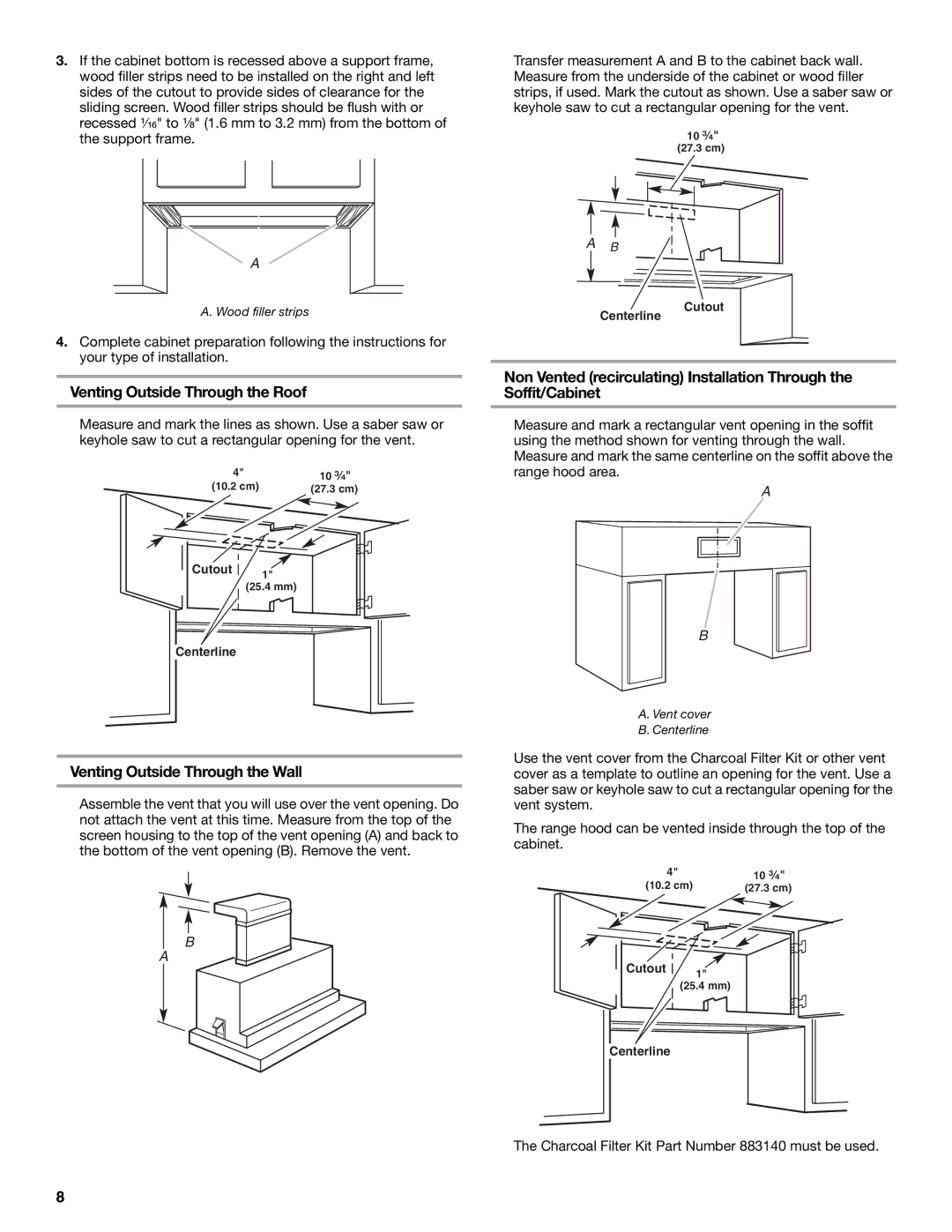 Whirlpool Slide-Out Range Hood installation instructions Venting Outside Through the Roof, Venting Outside Through the Wall 