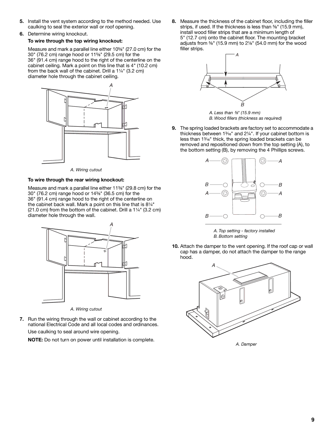 Whirlpool Slide-Out Range Hood To wire through the top wiring knockout, To wire through the rear wiring knockout 