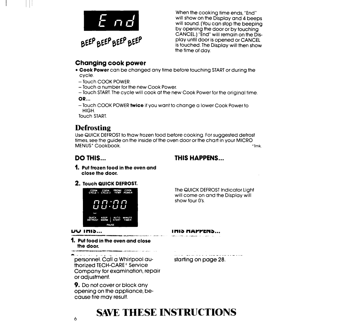 Whirlpool RM978BXP, SM958PEP, SM988PEP, RM988PXP, RM973BXP manual Defrosting, Changing cook power 