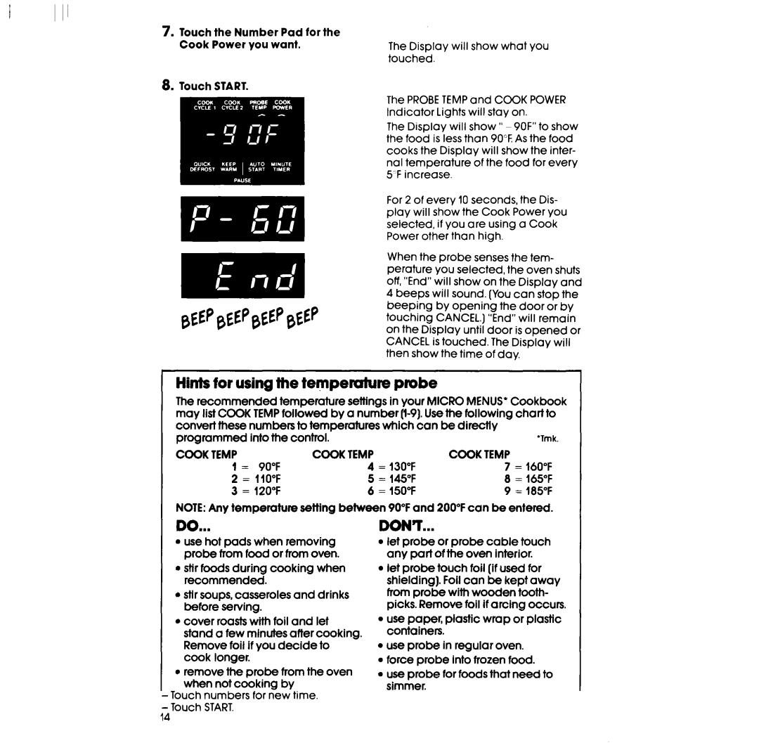 Whirlpool RM973BXP, SM958PEP, SM988PEP, RM988PXP, RM978BXP manual Hints for using the tempemture probe, Cook Temp 