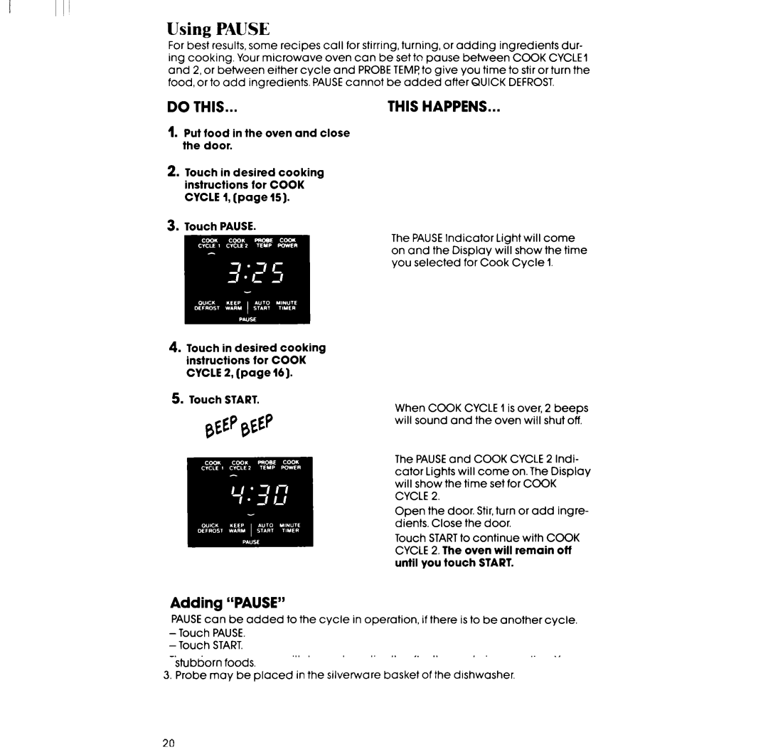 Whirlpool SM988PEP, SM958PEP, RM988PXP, RM978BXP, RM973BXP manual Using Pause, Adding Pause, Beep Beep 