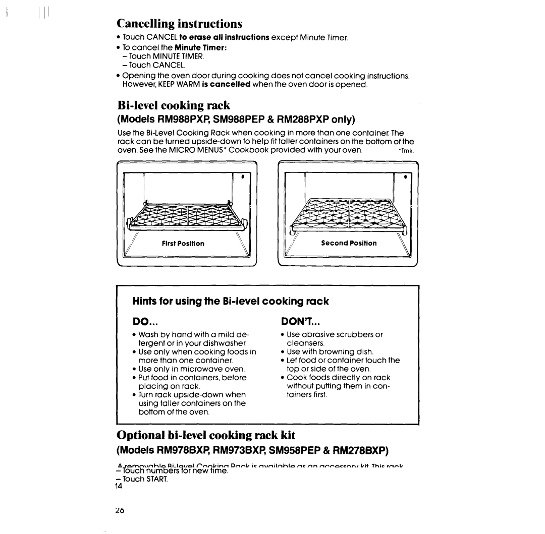 Whirlpool SM988PEP, SM958PEP, RM988PXP Cancelling instructions, Bi-level cooking rack, Optional bi-level cooking rack kit 