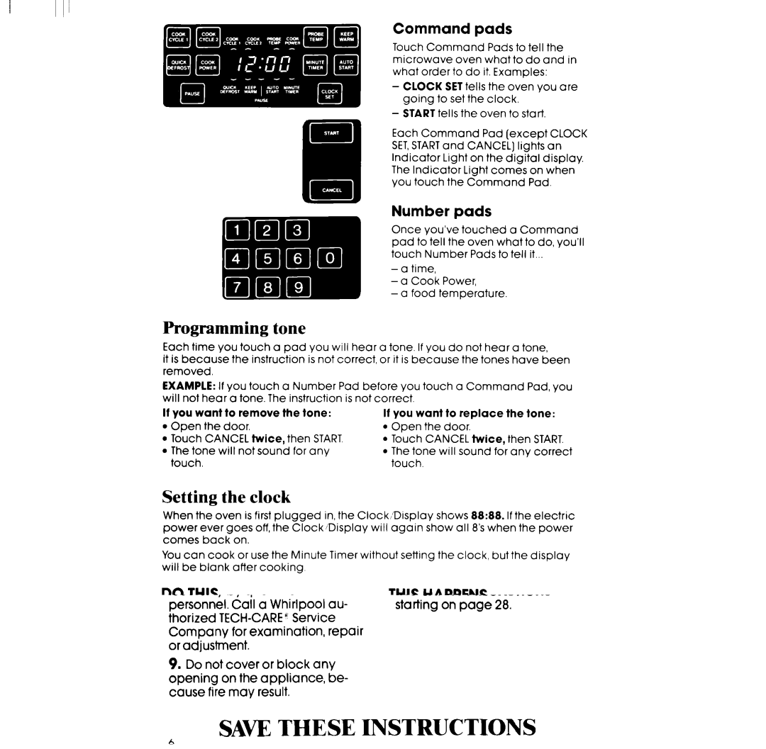 Whirlpool RM978BXP, SM958PEP, SM988PEP, RM988PXP, RM973BXP Programming tone, Setting the clock, Command pads, Number pads 