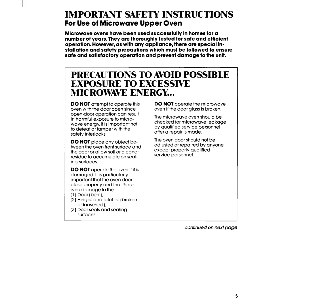 Whirlpool SM958PEP, SM988PEP, RM988PXP, RM978BXP, RM973BXP Important Safety Instructions, For Use of Microwave Upper Oven 